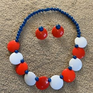 Vintage 50’s Necklace and earring set Red White Blue USA Americana pin-up